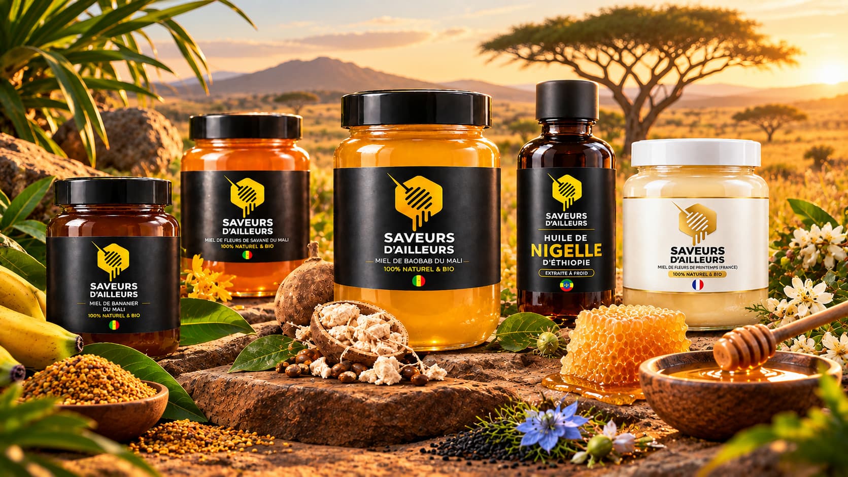 Les quatre miels et l'huile de nigelle Saveurs d'Ailleurs, posés sur un billot de bois devant la savane au soleil couchant